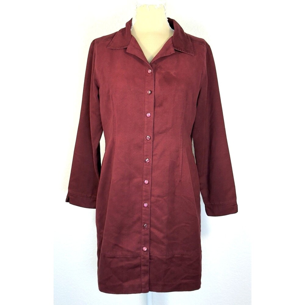Worthington Petite 12P Burgundy Button Front Shirt Dress Long Sleeve